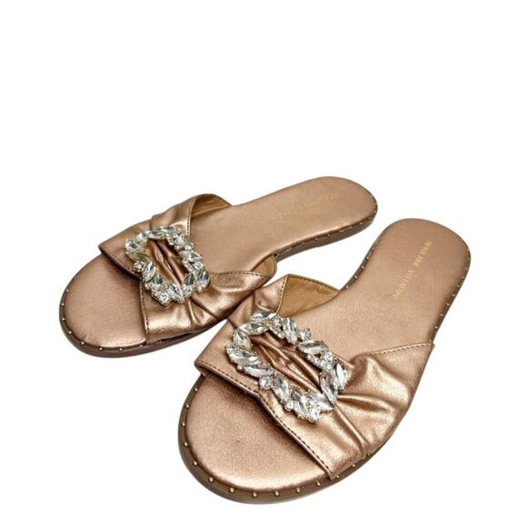 Adrianne Vittadini Sandals Size 6.5 Rose Gold Leather Open Toe Embellished - Picture 2 of 9